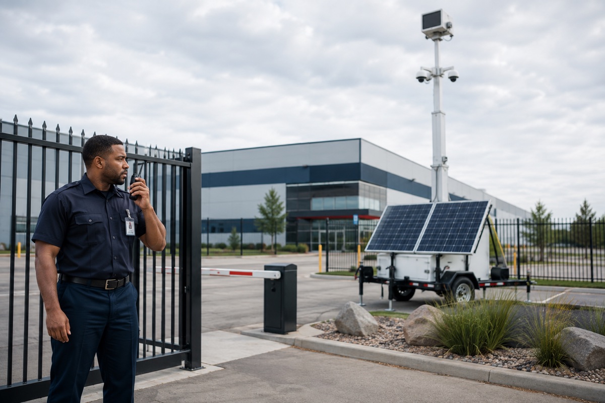 01-hybrid-guard-and-camera-tower Professional security officer coordinating access control beside a solar-powered mobile surveillance tower