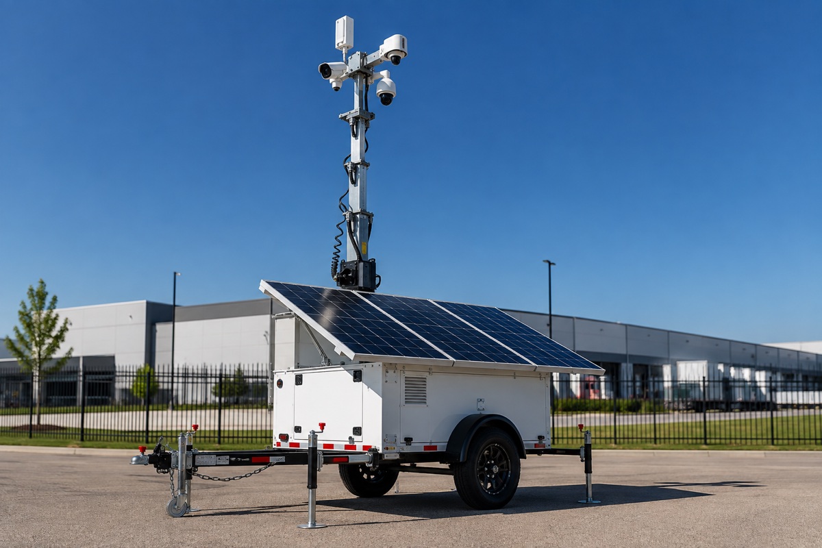 02-mobile-surveillance-platform Solar-powered mobile surveillance tower with elevated cameras at an industrial facility