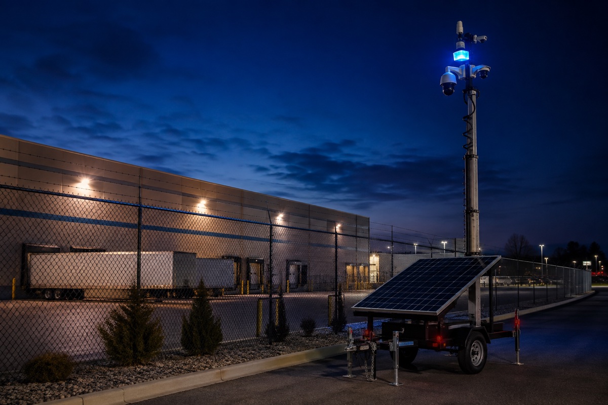 03-nighttime-deterrence-monitoring Mobile surveillance tower providing blue-light deterrence and nighttime perimeter visibility