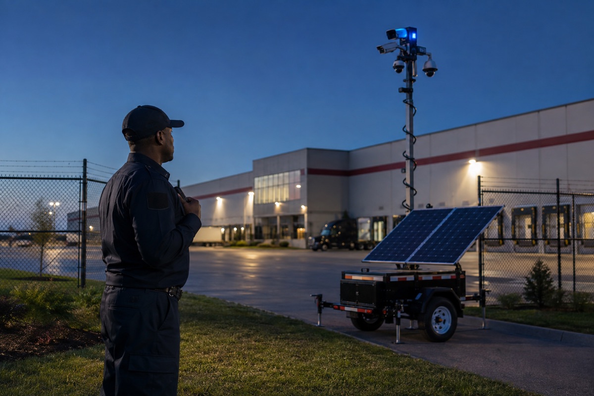hybrid-security-service-feature-v1 Prestige security officer monitoring an industrial property with a solar-powered mobile surveillance tower